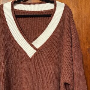 Women’s Brown and White V-Neck Plus Size Sweater - Size 3X